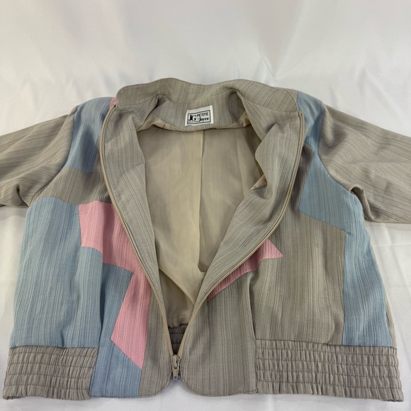 Vintage Joyce Petite 1980s pink, blue and beige zippered geometric top medium - Picture 13 of 16